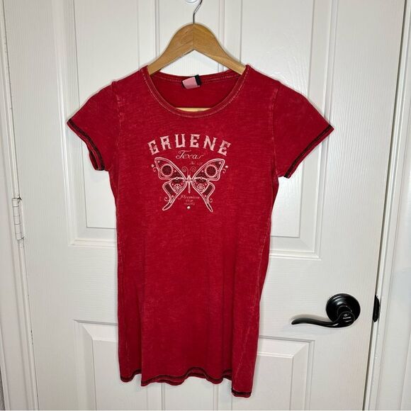 Y2K Gruene Texas Red Stonewashed Butterfly Bling Baby Tee Sz S Boho Fairy Gypsy - Picture 1 of 5
